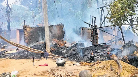 The houses destroyed in the fire in Mayurbhanj’s Badasahi area on Tuesday.