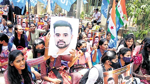 Students, activists and civil society groups protested across the state seeking the arrest of JDS MP Prajwal Revanna.