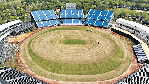 Aerial shot of the Nassau County Cricket Stadium during the month of May.