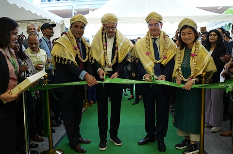 (L-R) Deepak Sharma, Greater India, MD & CEO; Peter Herweck, CEO; Thierry Berthelot, Consul General of France; Chris Leong, CMO at Schneider Electric's campus launch in Bengaluru on Thursday.