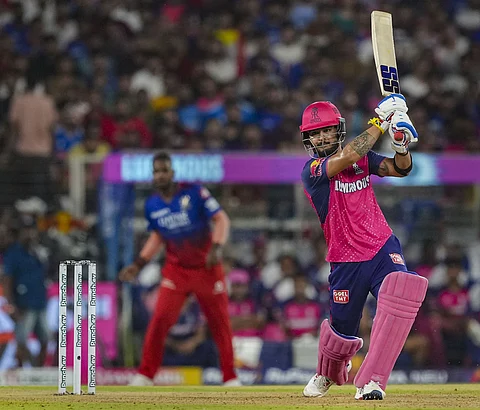 Rajasthan Royals' Riyan Parag plays a shot during the Indian Premier League 2024.