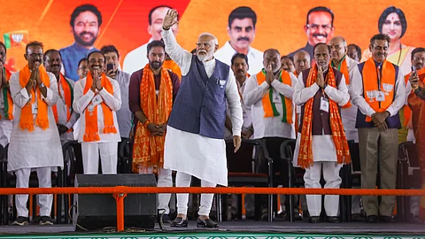 Prime Minister Narendra Modi during a public meeting for Lok Sabha elections, in Hyderabad.