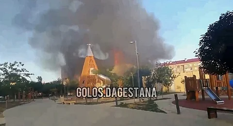 This photo taken from video released by Golos Dagestana shows smoke rises following an attack in Makhachkala, republic of Dagestan, Russia, Sunday, June 23, 2024.