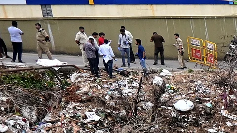 Police search the spot where S Renukaswamy’s body was recovered, in Bengaluru
on Sunday.