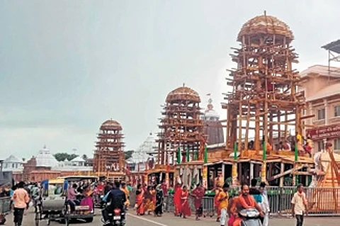 Chariot construction is underway on Badadanda in Puri