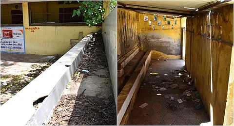 Several empty liquor bottles, and packets of tobacco products near the toilet building, and overgrown bushes behind classrooms were seen at the Ondipur government school surroundings.