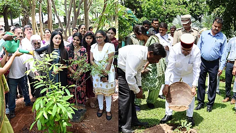 Members of Cubbon Park Walkers’ Association celebrate World Environment Day by planting saplings at Rani Park in Wilson Garden on Wednesday.