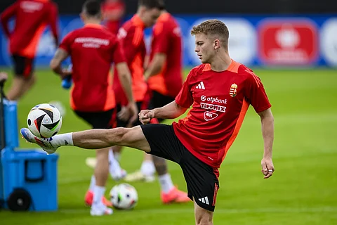 Hungary's Andras Schaefer in action during training session of Hungary's national soccer team in Weiler-Simmerberg, Germany, Wednesday, June 12, 2024.