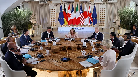 (From L), President of the European Council Charles Michel, German Chancellor Olaf Scholz, Canadian Prime Minister Justin Trudeau French President Emmanuel Macron, Italy's Prime Minister Giorgia Meloni, US President Joe Biden, Japanese Prime Minister Fumio Kishida, British Prime Minister Rishi Sunak and President of the European Commission Ursula von der Leyen attend a work session at the Borgo Egnazia resort for the G7 Summit hosted by Italy in Apulia region, on June 13, 2024 in Savelletri.