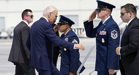 President Joe Biden walks up the steps of Air Force One at Harry Reid International Airport in Las Vegas, Wednesday, July 17, 2024.