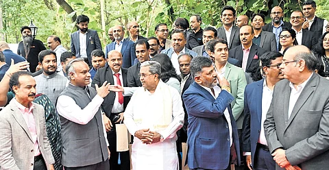 CM Siddaramaiah, DCM DK Shivakumar and IT-BT Minister Priyank Kharge interact with tech industry leaders in Bengaluru on Friday