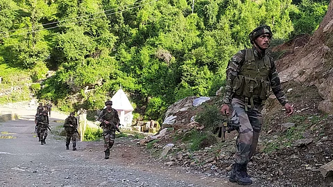 In this image from June 9, 2024, Indian Army personnel are seen during a counter-terror operation after terrorists ambushed an Army convoy in Kathua district.