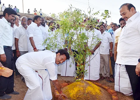 Ministers KN Nehru and Anbil Mahesh breaking the ground for the new bridge across River Cauvery in Tiruchy, on Friday