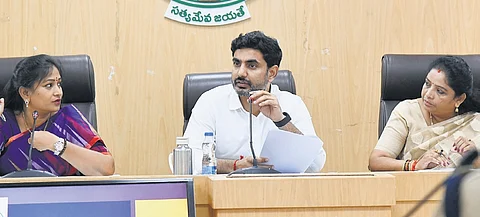 Ministers Vangalapudi Anitha, Nara Lokesh and G Sandhyarani during the 5-member Cabinet sub-committee meeting at the Secretariat on Thursday