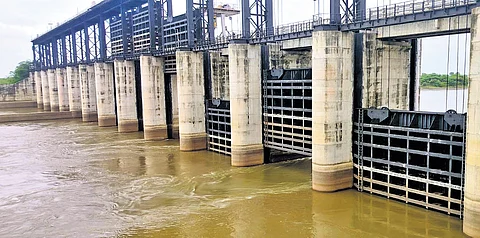 Gates of the Babli project, located in Nanded of Maharashtra, are lifted to allow water to flow into Sriramsagar Project in Nizamabad