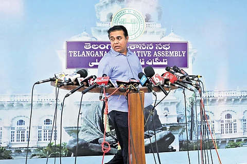 BRS working president KT Rama Rao arrives to address the media at the Assembly media point in Hyderabad on Tuesday