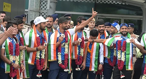 Indian men's hockey team, winners of Paris Olympic Bronze medal arrives at IGI airport in New Delhi on Saturday.