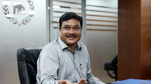 HYDRAA Commissioner AV Ranganath speaks during a press meet at Buddha Bhavan in Hyderabad.