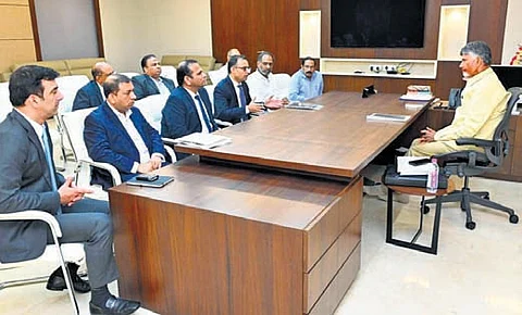 Chief Minister N Chandrababu Naidu with representatives of Brookfield and Axis Energy at the State Secretariat