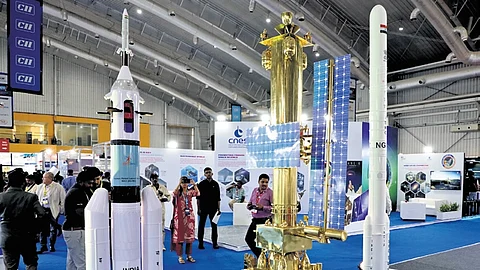 Scale models of ISRO launch vehicles on display during the BSX International Conference and Exhibition in Bengaluru on Wednesday