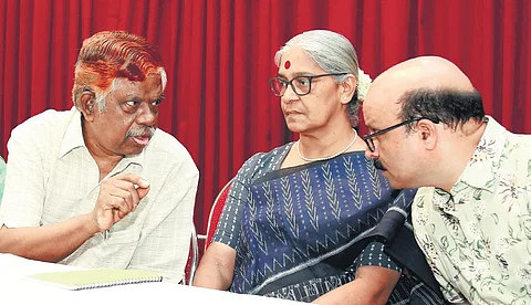 Former Madras HC judge Justice K Chandru, CPI leader Annie Raja and Adv Shukoor at the Equality Conference organised by FORGEM in Kochi on Saturday.