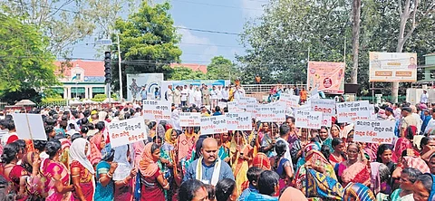 The agitators in front of the collectorate in Keonjhar town