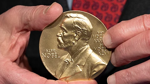 A close-up view of a Nobel Prize medal