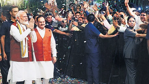 PM Narendra Modi and BJP chief JP Nadda at the party HQ in Delhi on Tuesday.