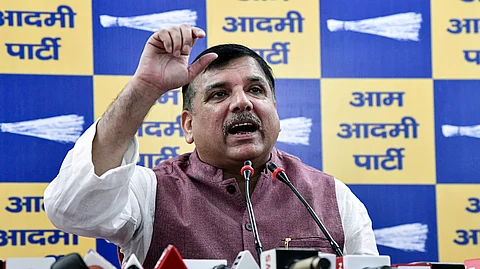 Aam Aadmi Party (AAP) MP Sanjay Singh addresses a press conference, at party office, in New Delhi.