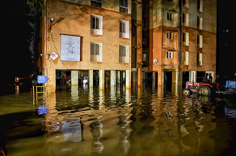 A waterlogged residential society after heavy rainfall in Bengaluru.