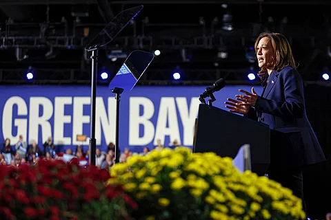 US Vice President and Democratic presidential candidate Kamala Harris speaks during a campaign event at the Resch Expo Center in Green Bay, Wisconsin, October 17, 2024.