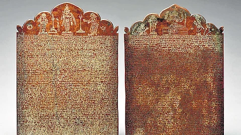 The copper plates featuring Tamil inscriptions