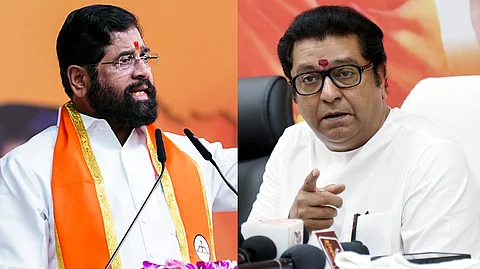 (L-R) Maharashtra Chief Minister Eknath Shinde and MNS chief Raj Thackeray