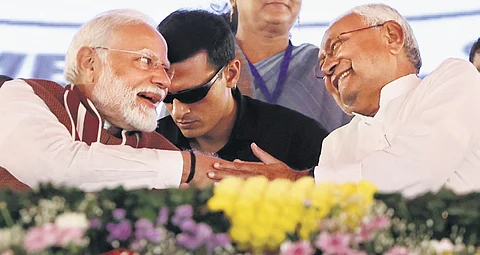 PM Narendra Modi with Bihar CM Nitish Kumar during the inauguration of multiple developmental projects in Bihar’s Darbhanga on Wednesday.