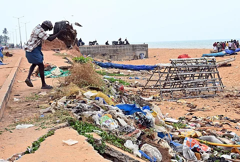Plastic waste being dumped on the Shangumugham beach in Thiruvananthapuram.