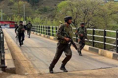 Security personnel at the spot after terrorists attacked a group of tourists at Pahalgam, Jammu & Kashmir.