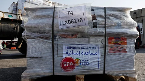 A view shows humanitarian aid with the logo of World Central Kitchen (WCK) at the Kerem Shalom border crossing to Gaza, Israel, May 1, 2024.