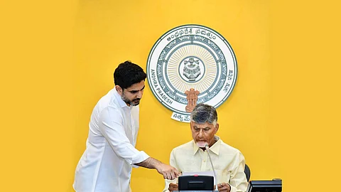 IT and HRD Minister Nara Lokesh alongside Andhra Pradesh Chief Minister Chandrababu Naidu.
