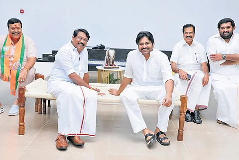 Tamil Nadu BJP president Nainar Nagendran and other leaders with Deputy Chief Minister Pawan Kalyan at the JSP headquarters on Thursday