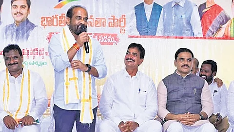 Health Minister Y Satya Kumar Yadav speaking at a press meet.