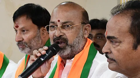 Union Minister Bandi Sanjay Kumar speaks on 11-year rule of PM Modi, in Tirupati on Wednesday.
