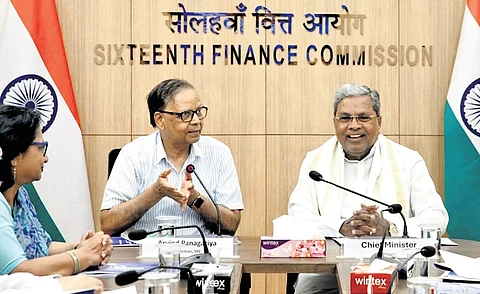 Chief Minister Siddaramaiah with the 16th Finance Commission Chairperson Arvind Panagariya and other members during a meeting in New Delhi on Friday