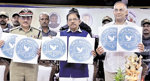 Home Minister Dr G Parameshwara, Health and Dakshina Kannada district minister Dinesh Gundu Rao at the launch of Special Action Force in Mangaluru on Friday
