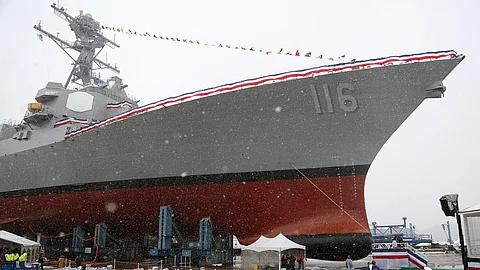 The future USS Thomas Hudner, a U.S. Navy destroyer named after Korean War veteran Thomas Hudner, during christening ceremony at Bath Iron Works in Bath, Maine, April 1, 2017. The ship was commissioned, Dec. 1, 2018 in Boston