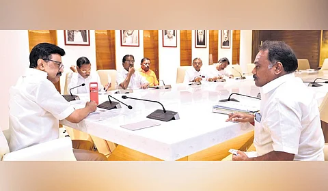 DMK president MK Stalin interacting with party functionaries from Chidambaram, Villupuram, and Usilampatti on Friday