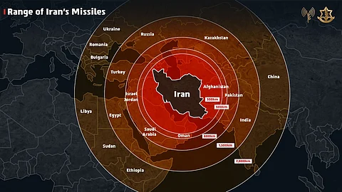 Image of map posted by IDF on X to show the range of Iranian missiles.