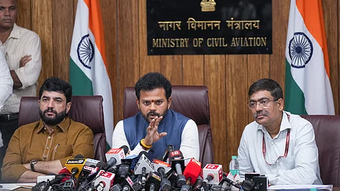 Union Civil Aviation Minister Ram Mohan Naidu Kinjarapu, along with Samir Kumar Sinha, Secretary of the Ministry of Civil Aviation, addressing a press briefing on Saturday, June 14, 2025.
