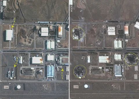 This combo made with two satellite images provided by Maxar Technologies shows the Natanz nuclear enrichment facility, 135 miles southeast of Tehran, Iran, on Friday, Jan. 24, 2025, top, and on Saturday, June 14, 2025, after multiple buildings were destroyed from recent Israeli strikes.