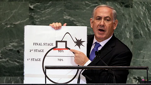In this Sept. 27, 2012, photo, Israeli Prime Minister Benjamin Netanyahu shows an illustration as he describes his concerns over Iran's nuclear ambitions during his address to the 67th session of the United Nations General Assembly at UN headquarters.