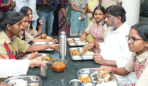 Deputy Chief Minister Mallu Bhatti Vikramarka is having lunch with orphan students on the occasion of his birthday at the Victoria Memorial Orphans Home in Kothapet, Hyderabad on Sunday.